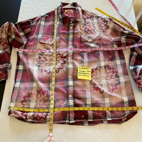 Boho Flannel Shirt Womens Plus Size XXL Reworked Floral Bleached Plaid Top Red - Picture 6 of 10